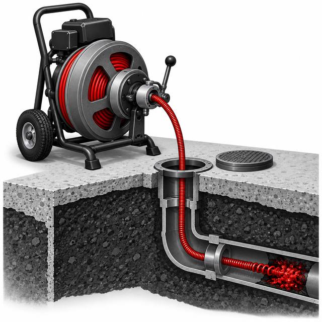 A drum drain auger beside an open floor cleanout, its cable running underground into the pipe toward a blockage.
