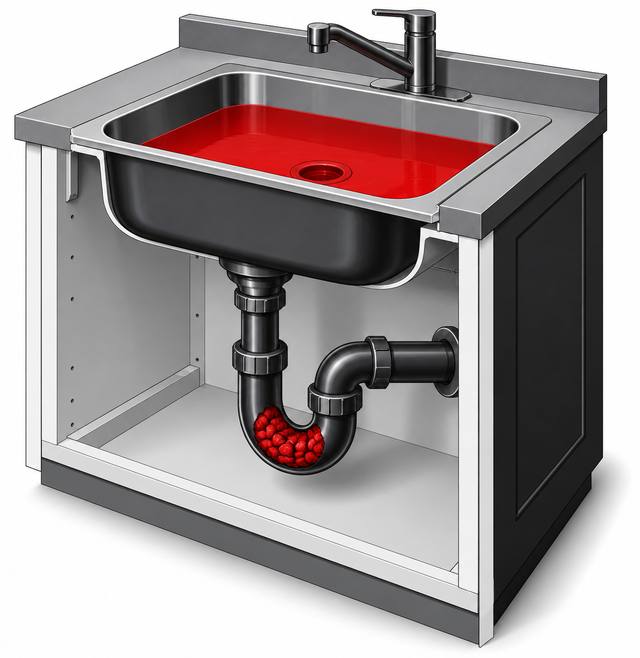 Cutaway of a kitchen sink showing standing water in the basin and a blockage packed inside the drain pipe below.