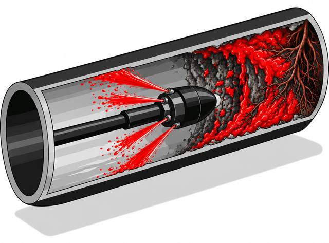 Cutaway of a sewer pipe with a jetting nozzle, clean pipe wall behind it and grease and roots ahead of it.